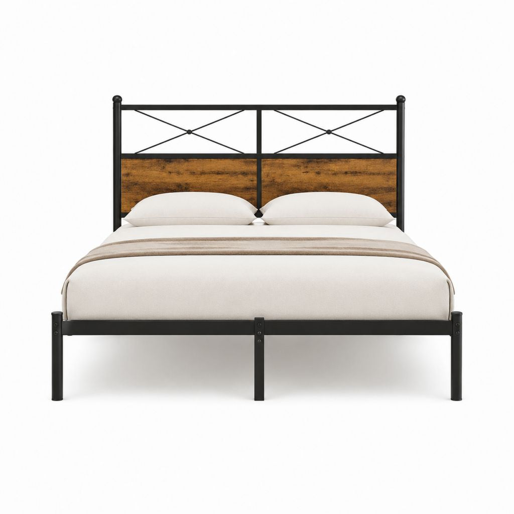 Metallbett Doppelbett Schwarz Braun mit Holzdekor 160 x 200 cm