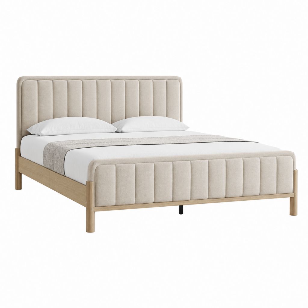 Polsterbett 160 x 200 cm Beige mit Massivholzrahmen und vertikal gestepptem Kopfteil