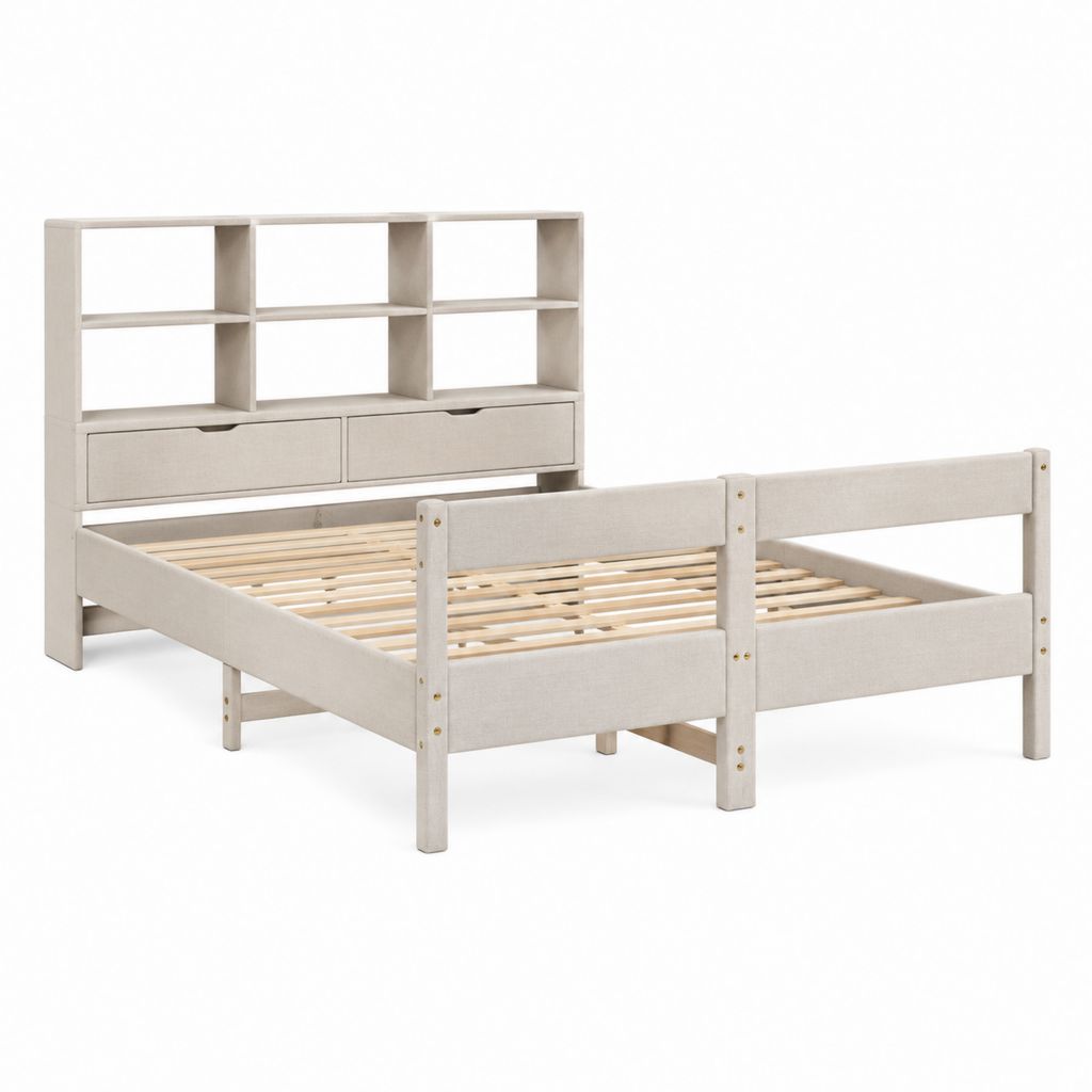 Einzelbett mit Bücherregal und Schubladen Beige Massivholz Polyester 90 x 200 cm