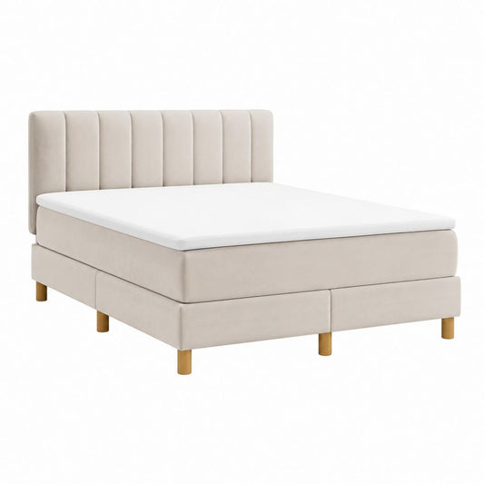 Boxspringbett Beige mit Polyesterbezug und Holzfüßen 180 x 200 cm