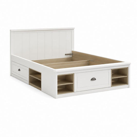 Stauraumbett Bettgestell Weiß aus Kiefer-Massivholz und MDF rechteckig für 140 x 200 cm Matratze 150 x 210 x 110 cm
