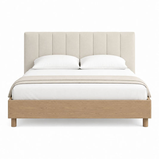 Polsterbett Doppelbett Beige mit Eichenfurnier und Polyester Kopfteil rechteckig Liegefläche 160 x 200 cm