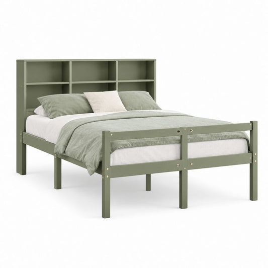Doppelbett Bettgestell 140 x 200 cm Grün aus massivem Kiefernholz mit Regal-Kopfteil