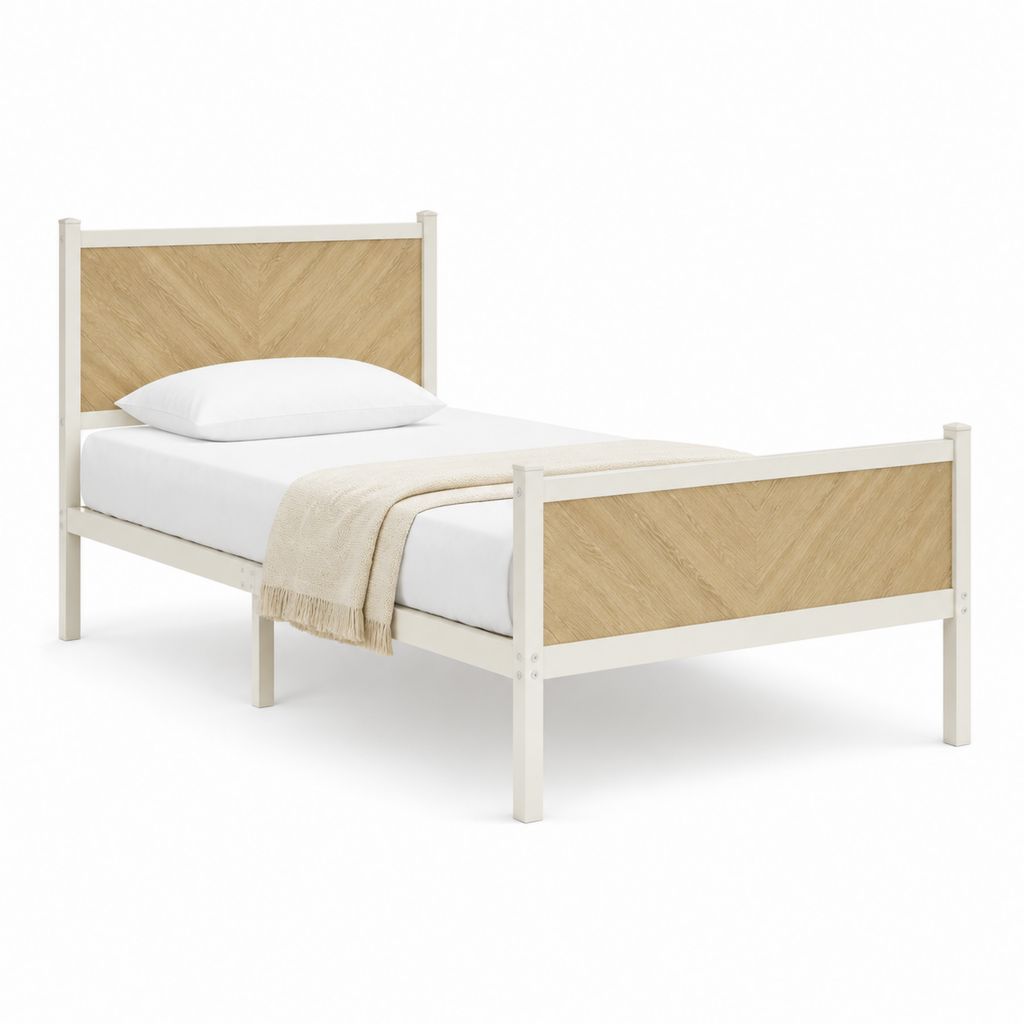 Einzelbett Bettgestell Weiß Eicheoptik aus Massivholz und MDF 90 x 200 cm