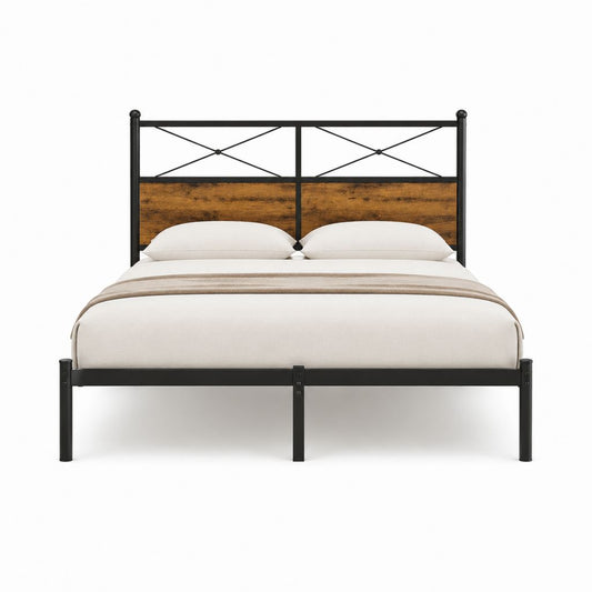 Metallbett Doppelbett Schwarz Braun mit Holzdekor 160 x 200 cm