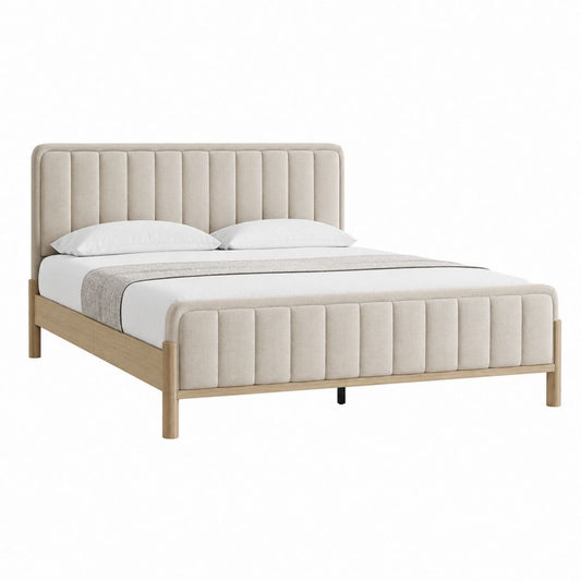 Polsterbett 160 x 200 cm Beige mit Massivholzrahmen und vertikal gestepptem Kopfteil